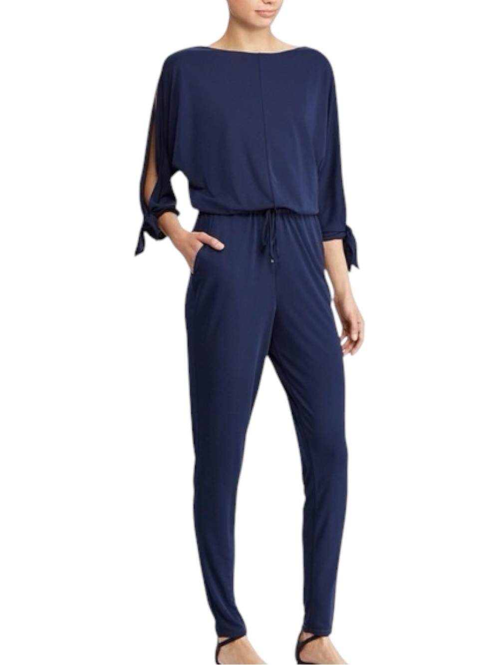 Lauren RL Navy 3/4 Dolman Split Tie Sleeve Cinch Waist Taper Leg Jumpsuit (L)